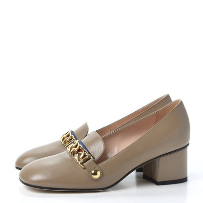 Gucci Malaga Kid Sylvie Web Chain Mid Heel Loafers 37.5 Mud 3 of 10
