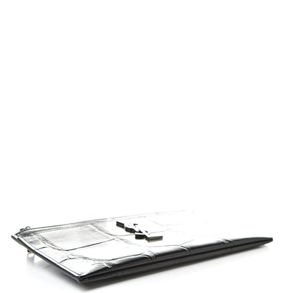 Saint Laurent Calfskin Crocodile Embossed Monogram Bill Pouch Black 4 of 8