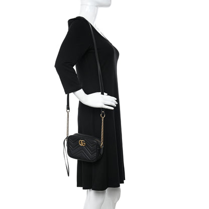 Gucci Calfskin Matelasse Mini GG Marmont Chain Shoulder Bag Black 2 of 11