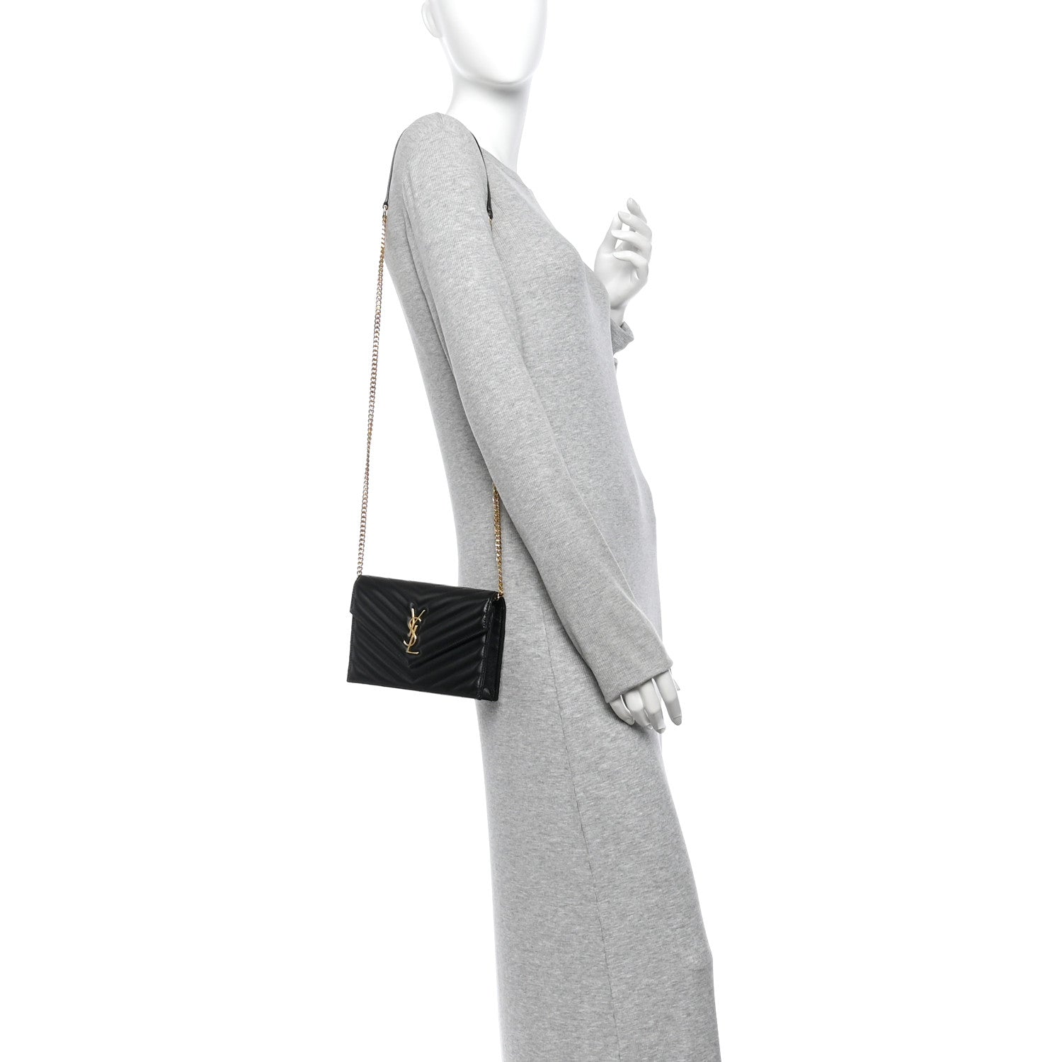 Saint Laurent Lambskin Matelasse Chevron Monogram Envelope Chain Wallet Black 2 of 12
