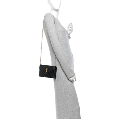 Saint Laurent Lambskin Matelasse Chevron Monogram Envelope Chain Wallet Black 2 of 12