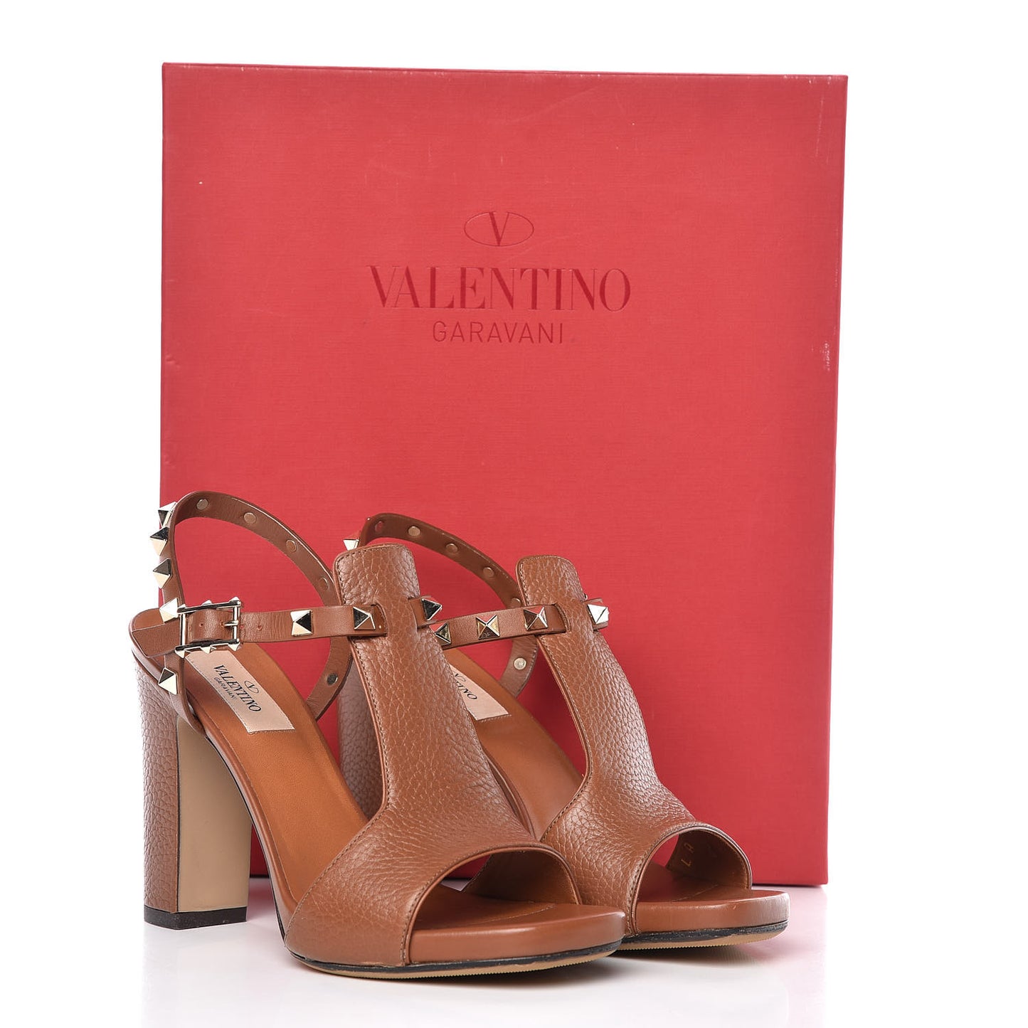 Grained Calfskin Rockstud Ankle Strap 5/105mm Sandals 36 Tobacco