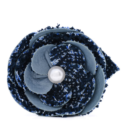 Chanel Tweed Lambskin Camellia Pearl Brooch Navy Black White 1 of 5