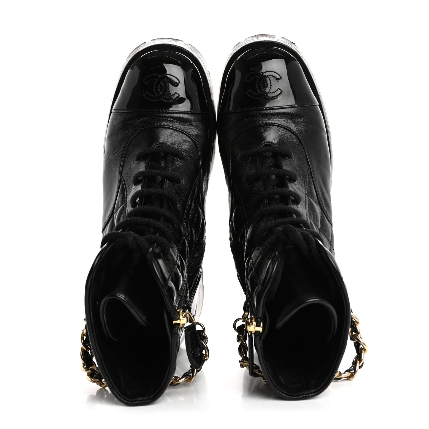 Shiny Calfskin Patent Quilted Chain Lace Up Combat Boots 38 Black