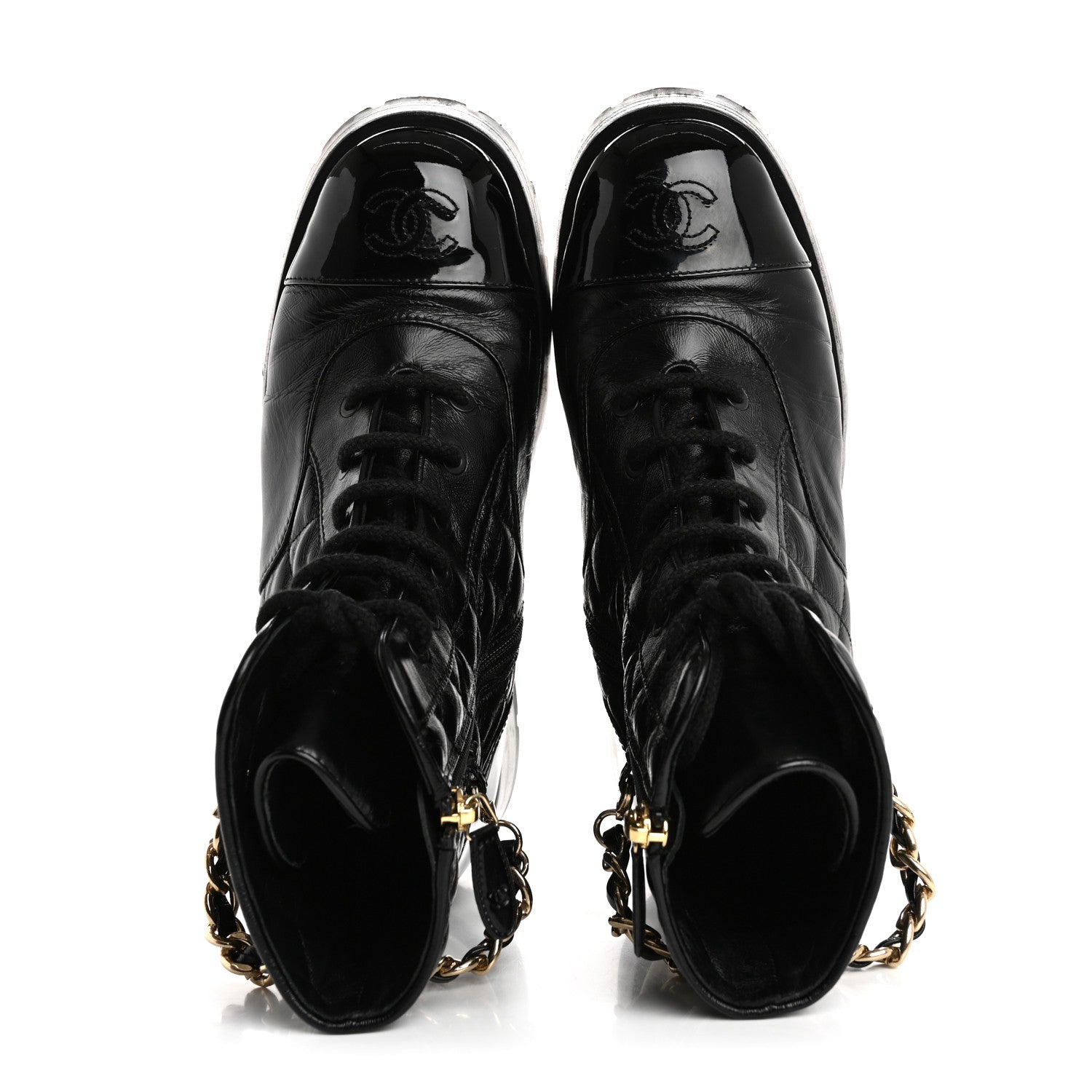 Chanel Shiny Calfskin Patent Quilted Chain Lace Up Combat Boots 38 Black 2 of 14