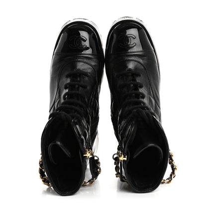 Chanel Shiny Calfskin Patent Quilted Chain Lace Up Combat Boots 38 Black 2 of 14