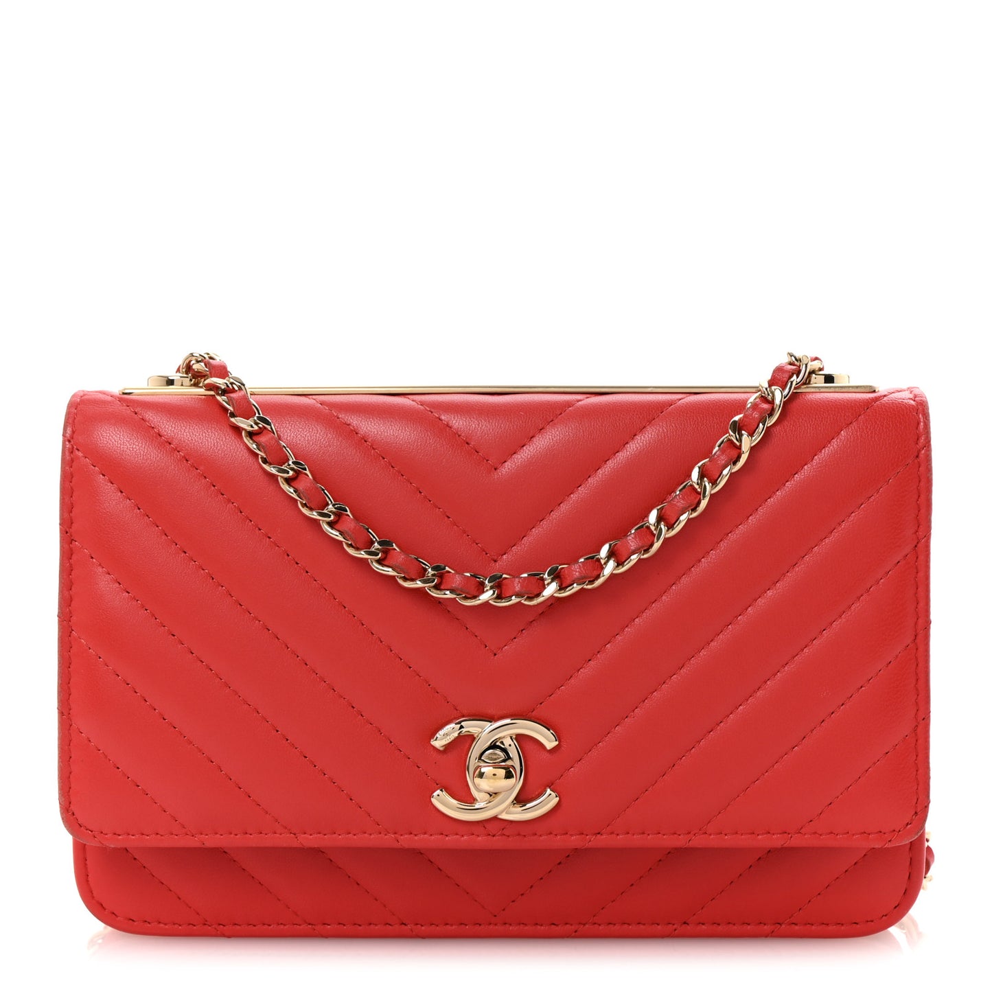 Lambskin Chevron Quilted Trendy CC Wallet On Chain WOC Red