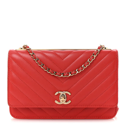 Chanel Lambskin Chevron Quilted Trendy CC Wallet On Chain WOC Red 1 of 14
