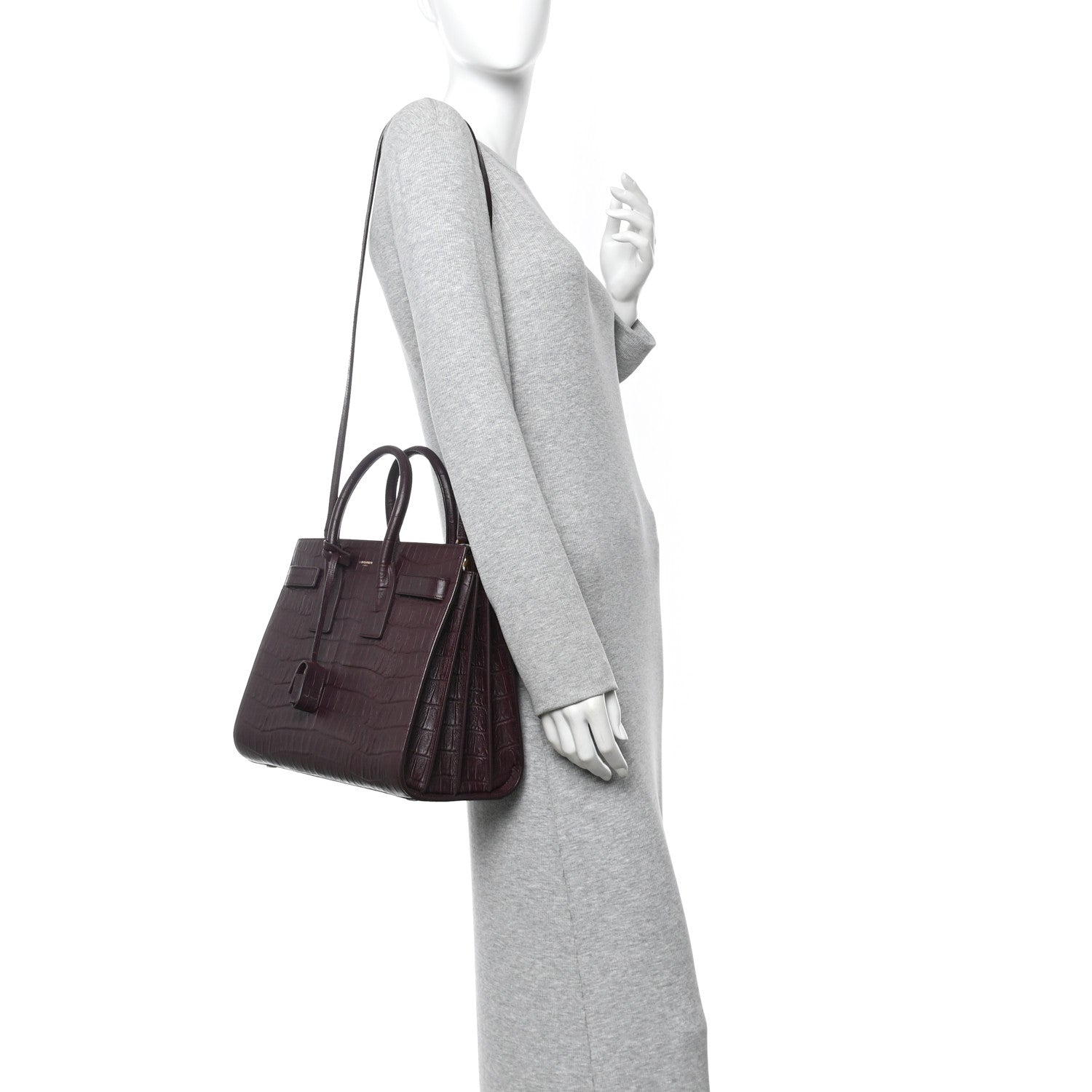 Saint Laurent Calfskin Crocodile Embossed Small Sac De Jour Amarena 2 of 9