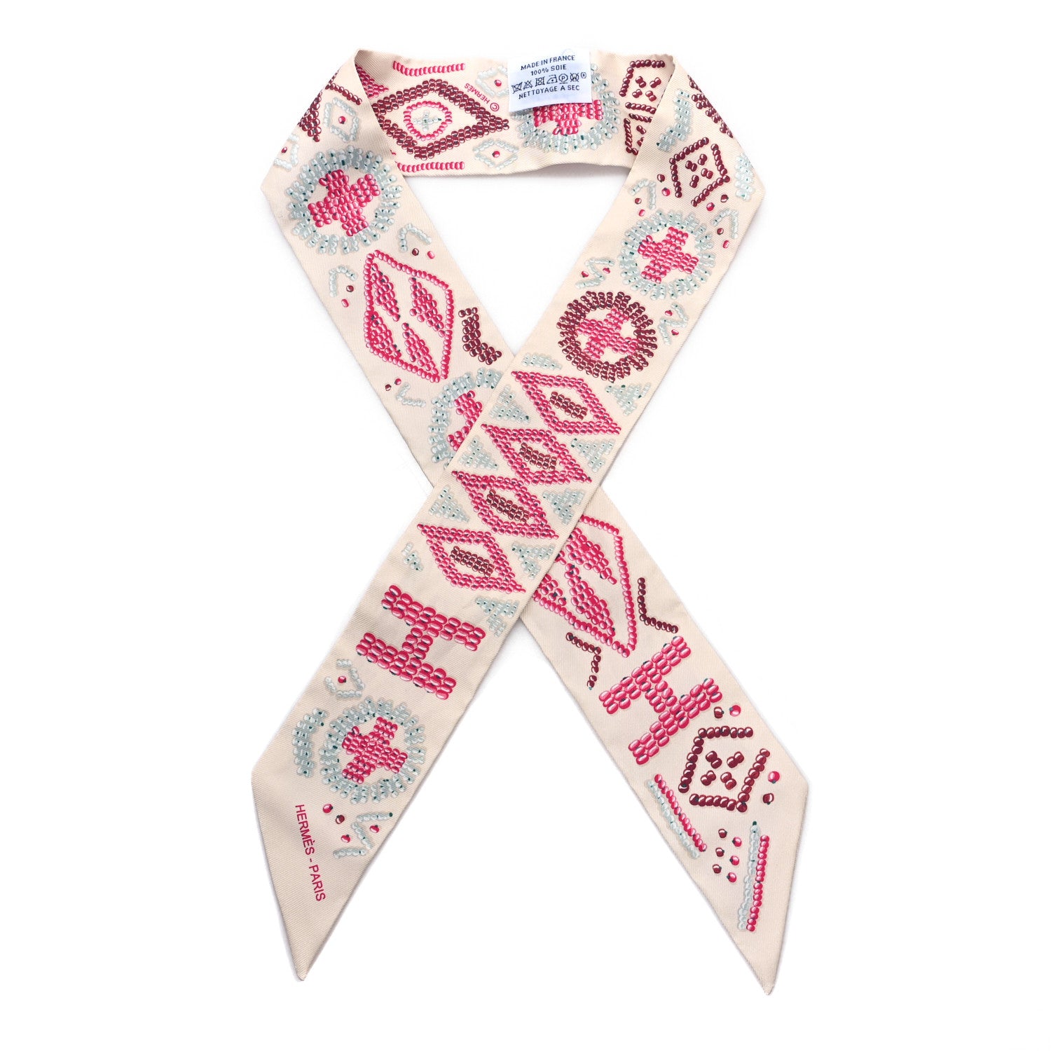 Hermes Silk Kelly en Perles Twilly Creme Framboise 1 of 3