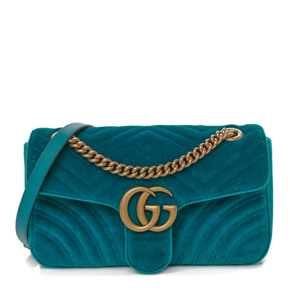 Gucci Velvet Matelasse Small GG Marmont Shoulder Bag Pavone Cyan 1 of 11