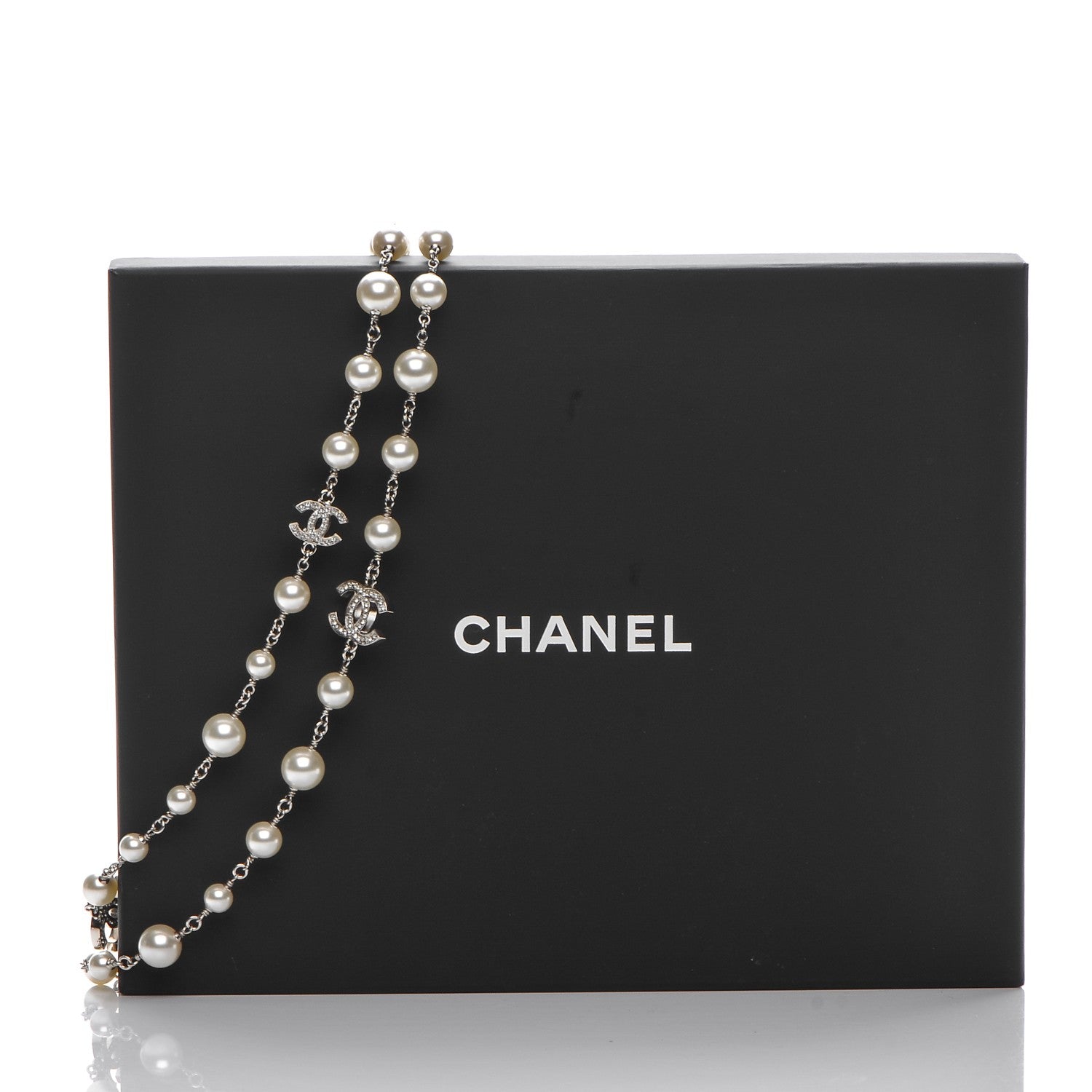Chanel Crystal Pearl CC Long Necklace Silver 6 of 6