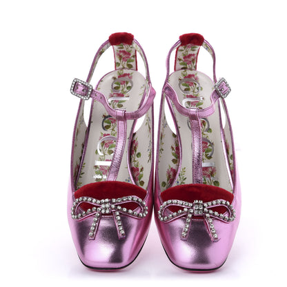 Gucci Metallic Nappa Velvet Crystal Bow Anita Pumps 35 Rosa Hibiscus Red 5 of 12
