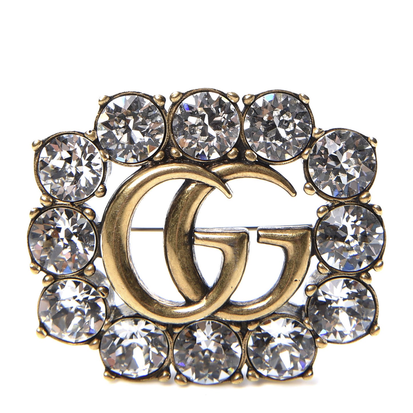 Metal Crystal Double G Brooch Aged Gold