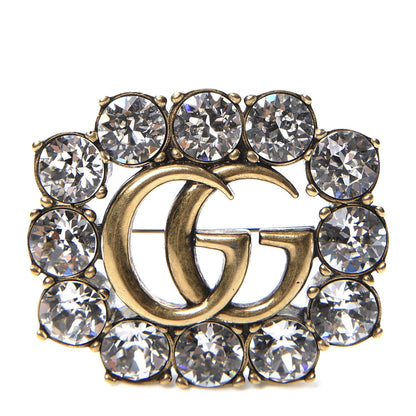 Gucci Metal Crystal Double G Brooch Aged Gold 1 of 3