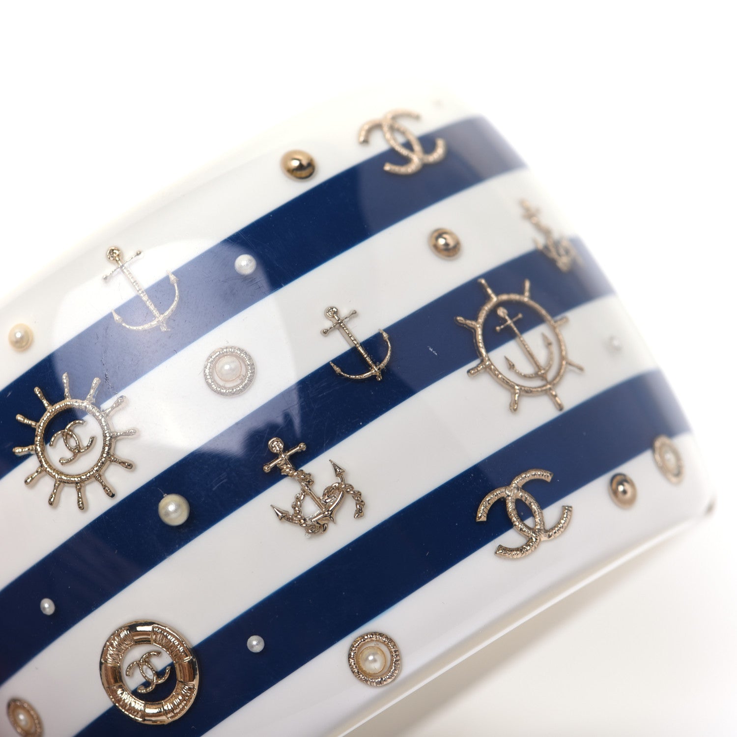 Chanel Resin Pearl Stripe CC Cuff White Navy 9 of 10
