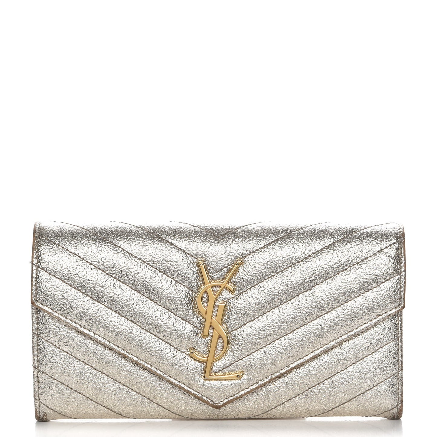 Metallic Crackled Calfskin Matelasse Chevron Monogram Flap Wallet Gold