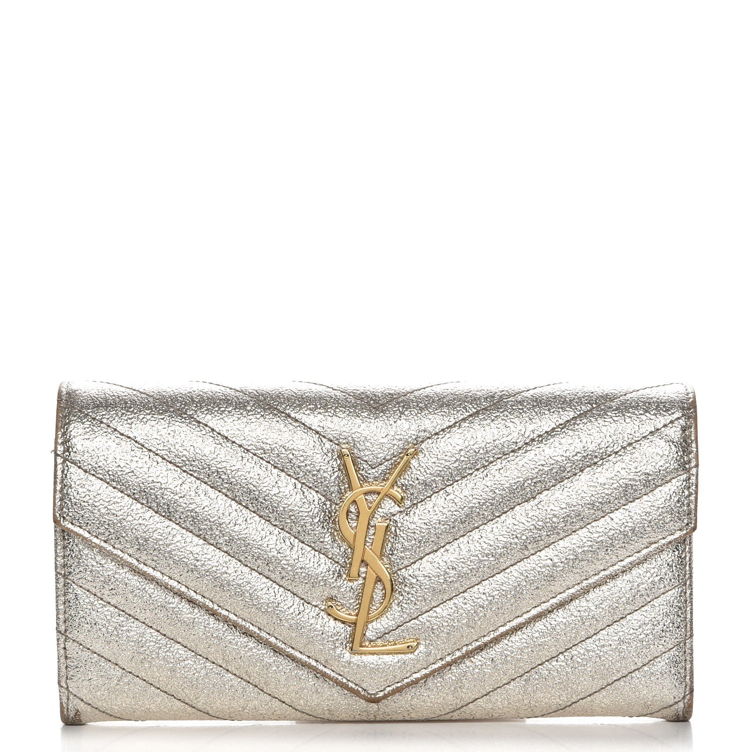 Saint Laurent Metallic Crackled Calfskin Matelasse Chevron Monogram Flap Wallet Gold 1 of 13