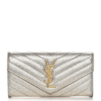 Saint Laurent Metallic Crackled Calfskin Matelasse Chevron Monogram Flap Wallet Gold 1 of 13
