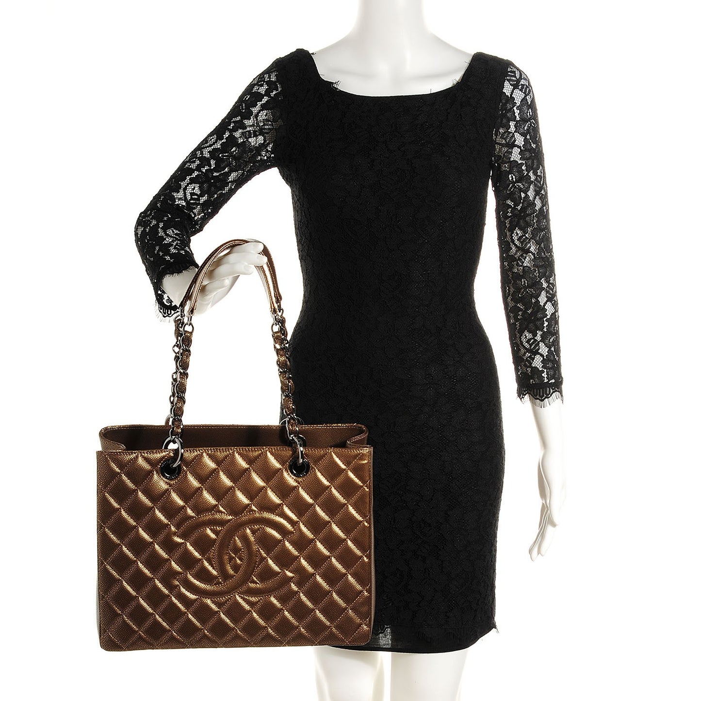 Metallic Caviar Quilted Grand Shopping Tote GST Khaki
