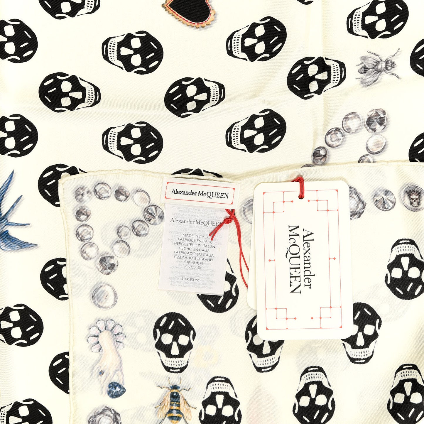 Silk Chiffon Jeweled Button Biker Skull Scarf White