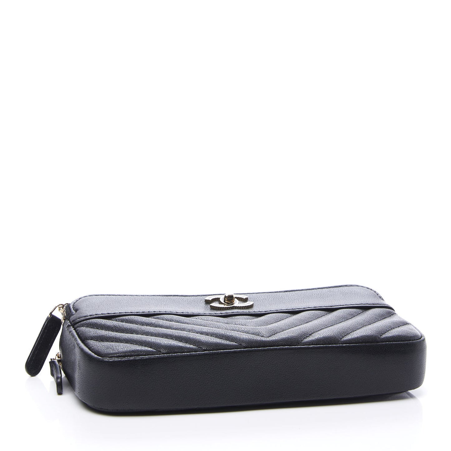 Metallic Sheepskin Chevron Quilted Small Vintage Mademoiselle Clutch With Chain Black