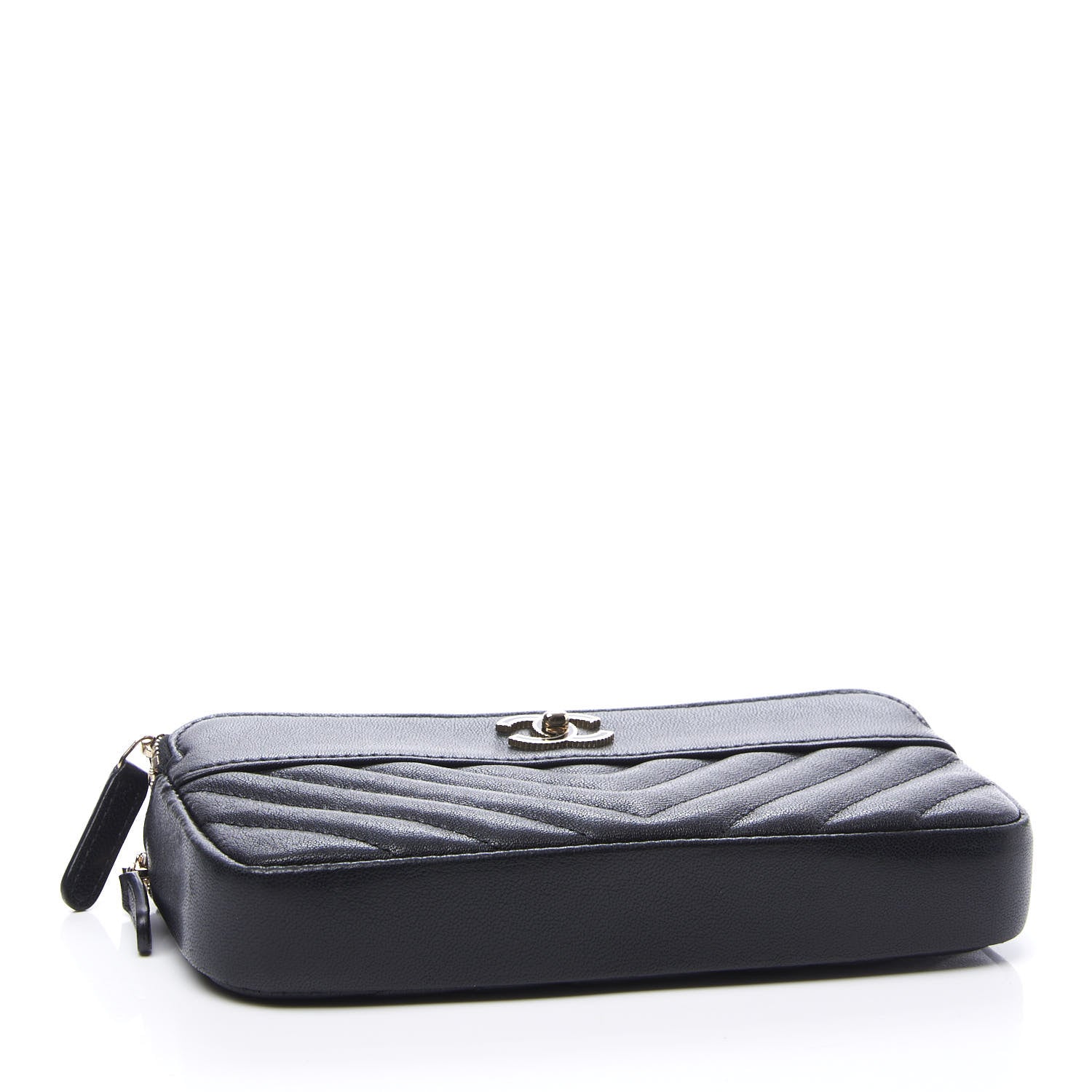 Chanel Metallic Sheepskin Chevron Quilted Small Vintage Mademoiselle Clutch With Chain Black 3 of 13