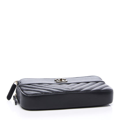 Chanel Metallic Sheepskin Chevron Quilted Small Vintage Mademoiselle Clutch With Chain Black 3 of 13