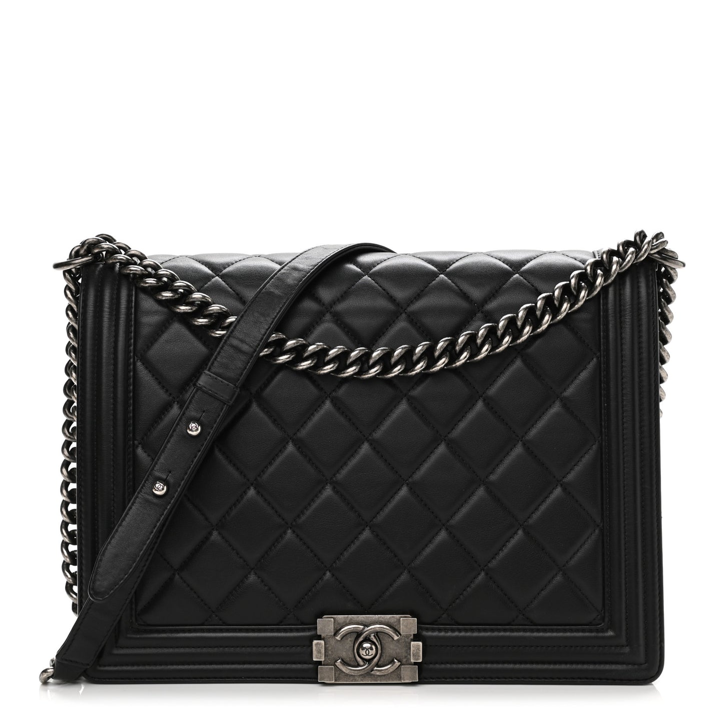 Calfskin Quilted Large Boy Flap Black