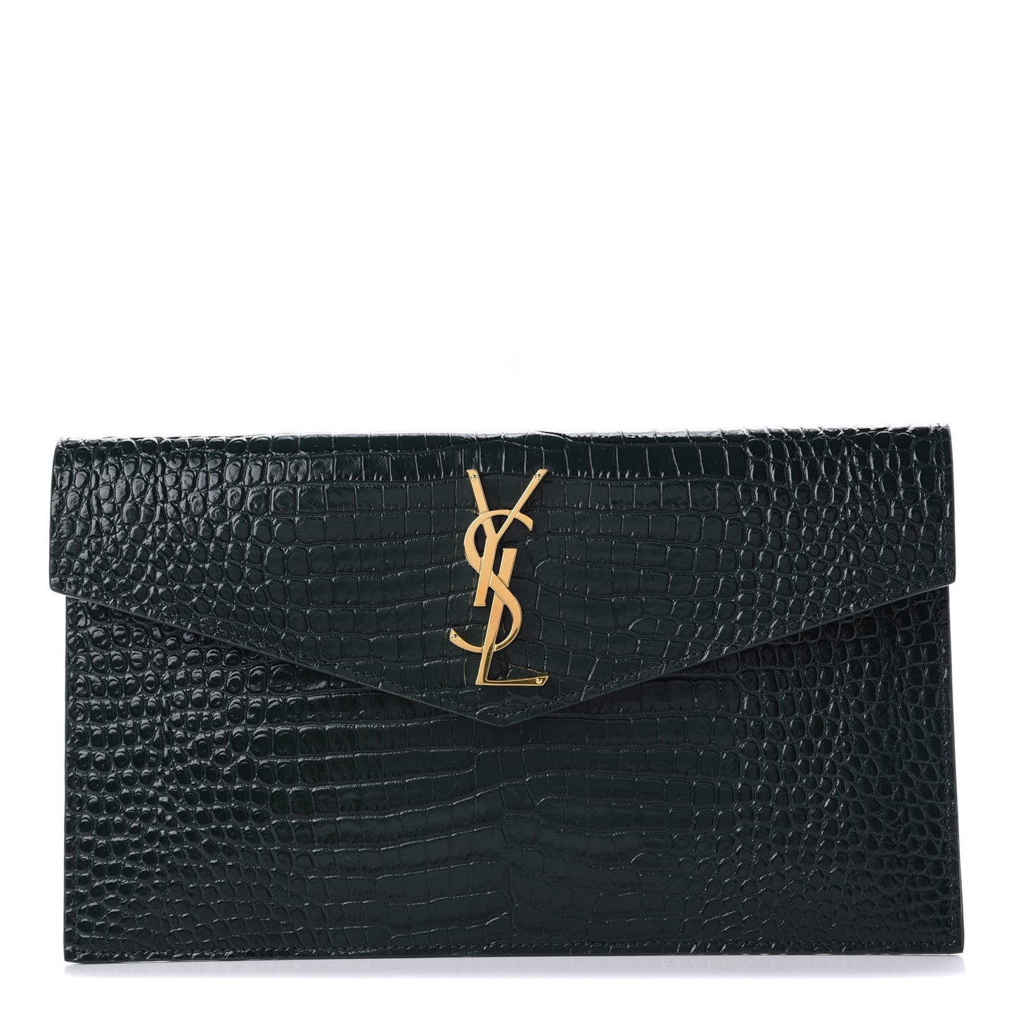 Calfskin Crocodile Embossed Uptown Monogram Clutch Dark Green