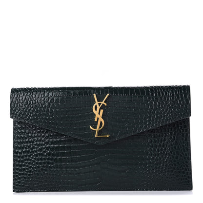 Saint Laurent Calfskin Crocodile Embossed Uptown Monogram Clutch Dark Green 1 of 9