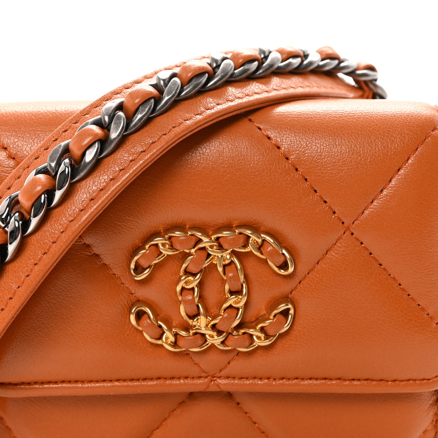 Chanel Lambskin Quilted Chanel 19 Flap Coin Purse With Chain Light Brown 9 of 11