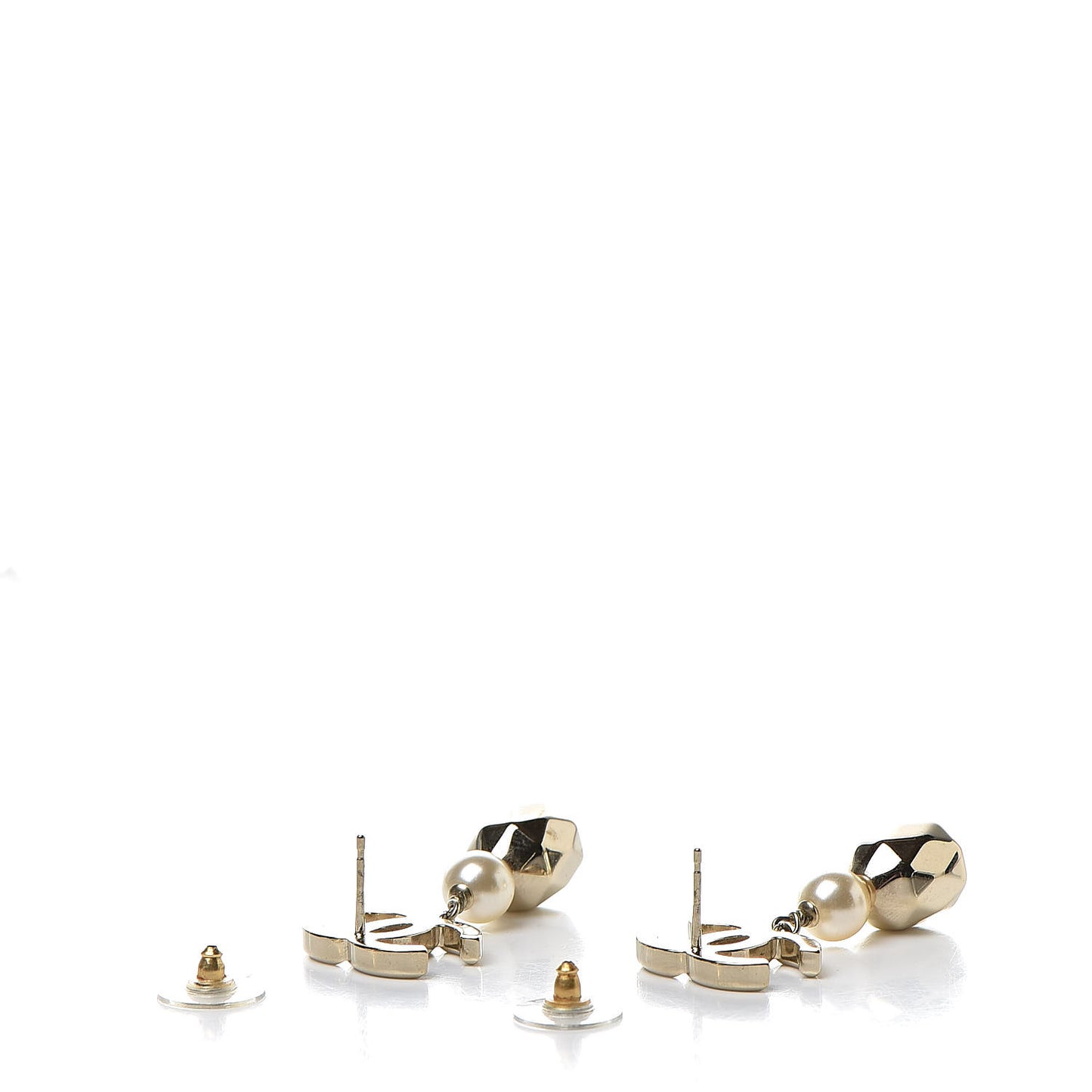 Metal Bead Pearl CC Drop Earrings Golden Pearly White