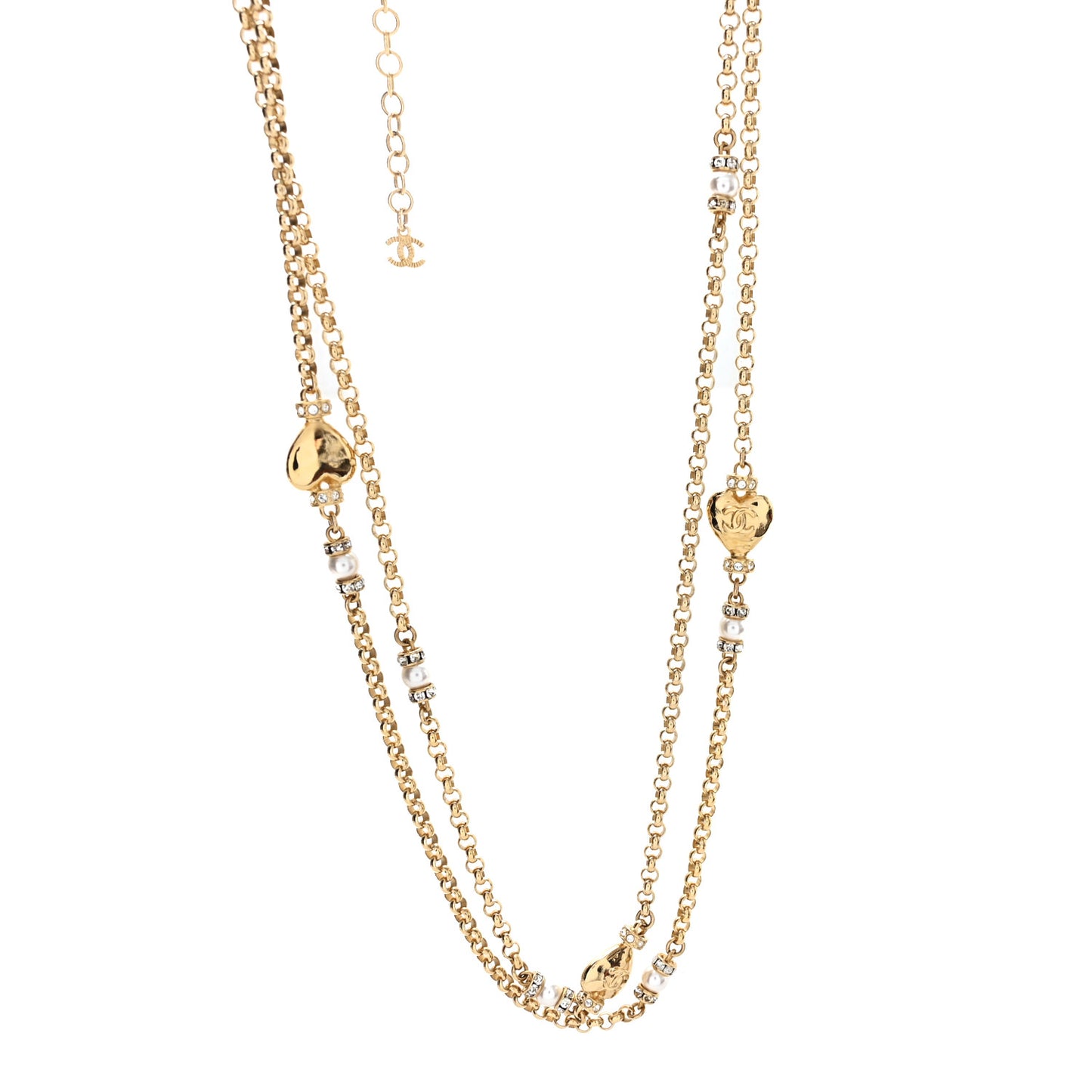 Crystal Pearl Heart CC Long Necklace Gold