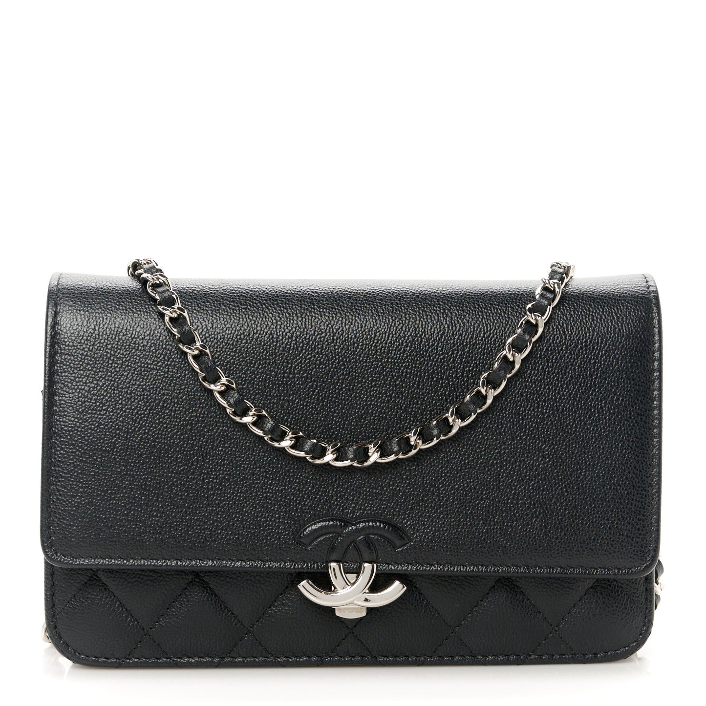 Grained Calfskin Quilted CC Box Wallet On Chain WOC Black
