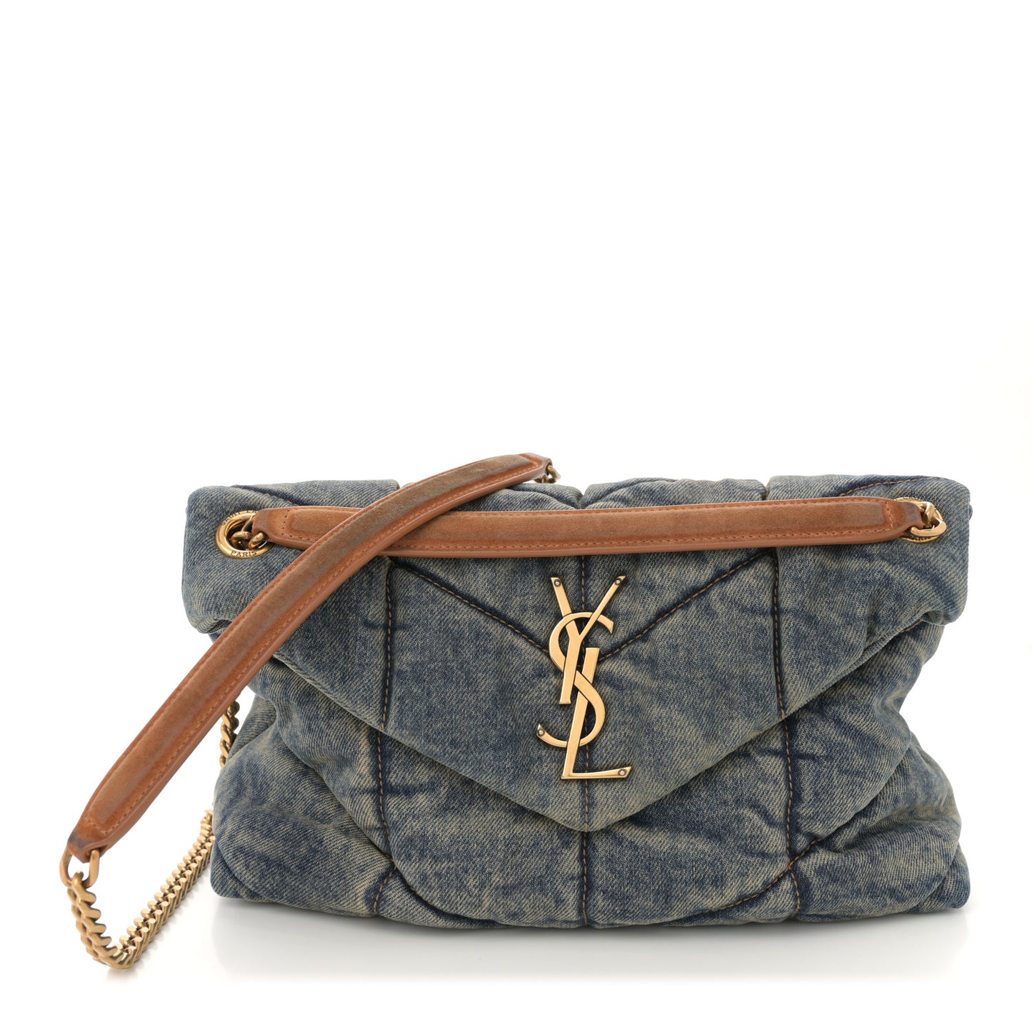 Denim Quilted Small Loulou Puffer Monogram Chain Satchel Blue Cinnamon