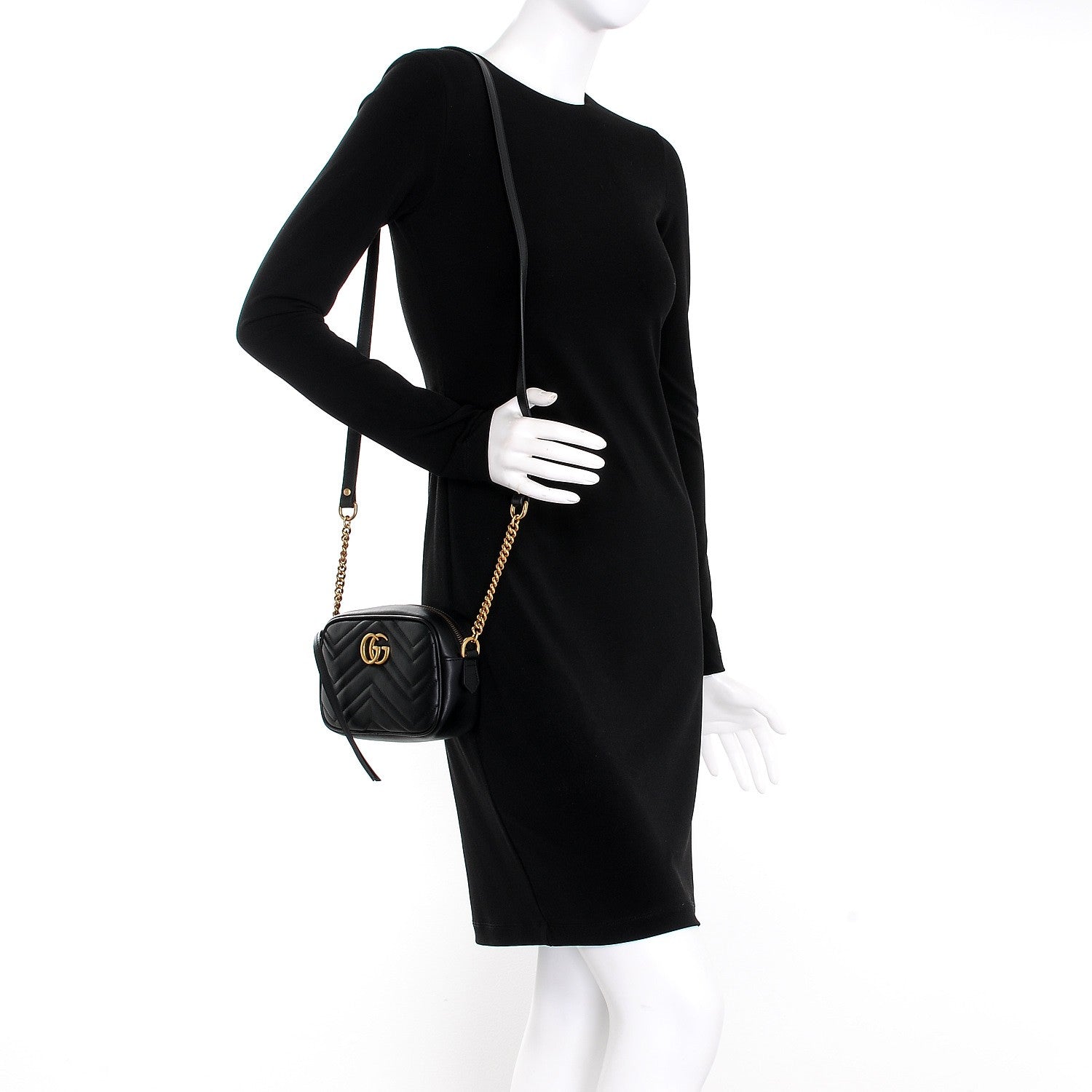 Gucci Calfskin Matelasse Mini GG Marmont Chain Shoulder Bag Black 2 of 7