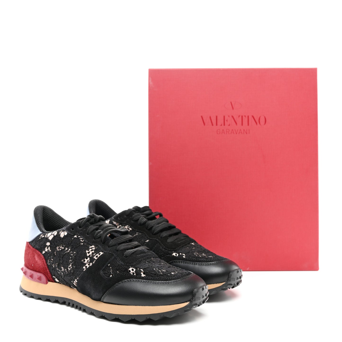 Calfskin Suede Macrame Lace Rockstud Sneakers 38.5 Black