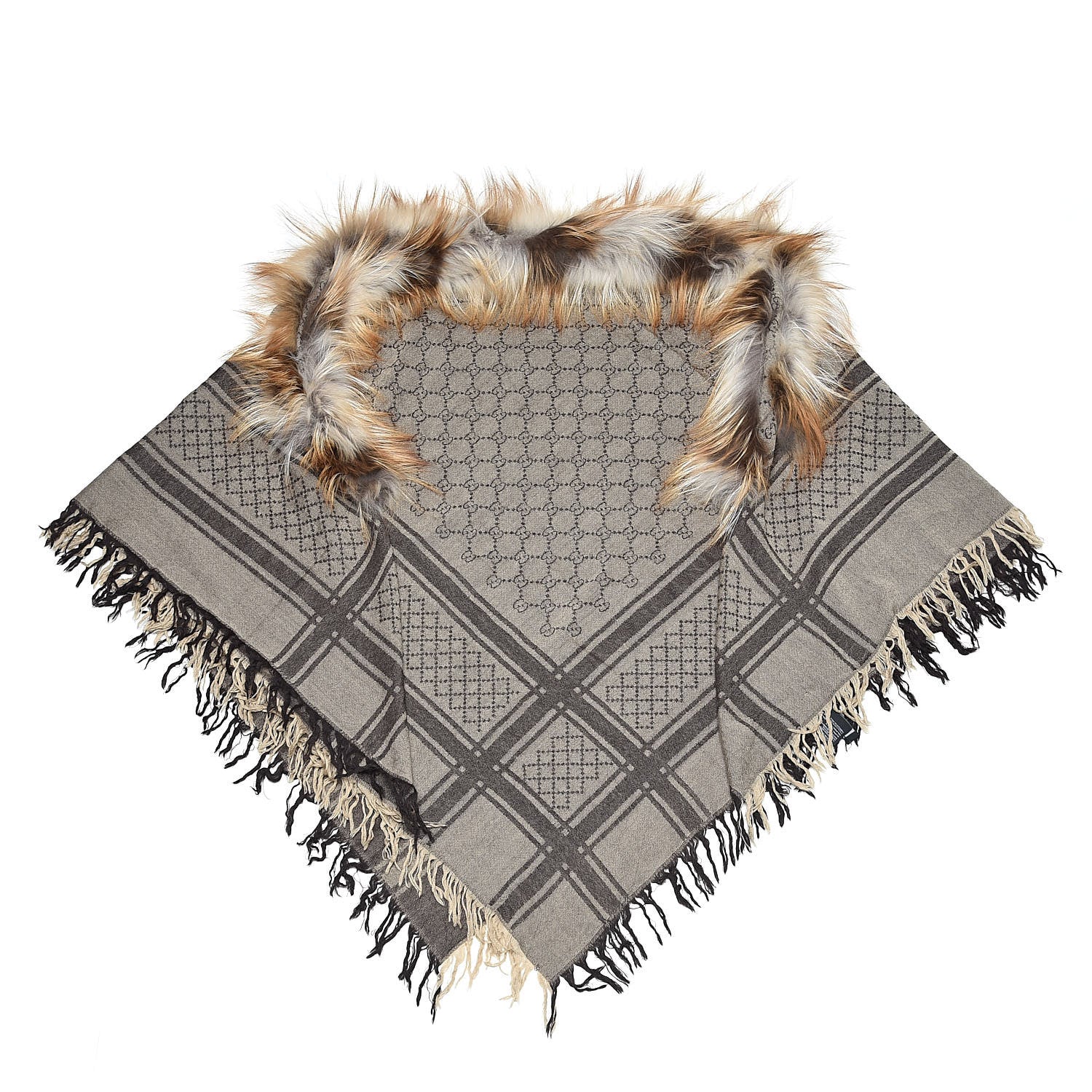 Gucci Wool Silk Fox Fur Monogram Shawl Scarf 1 of 3