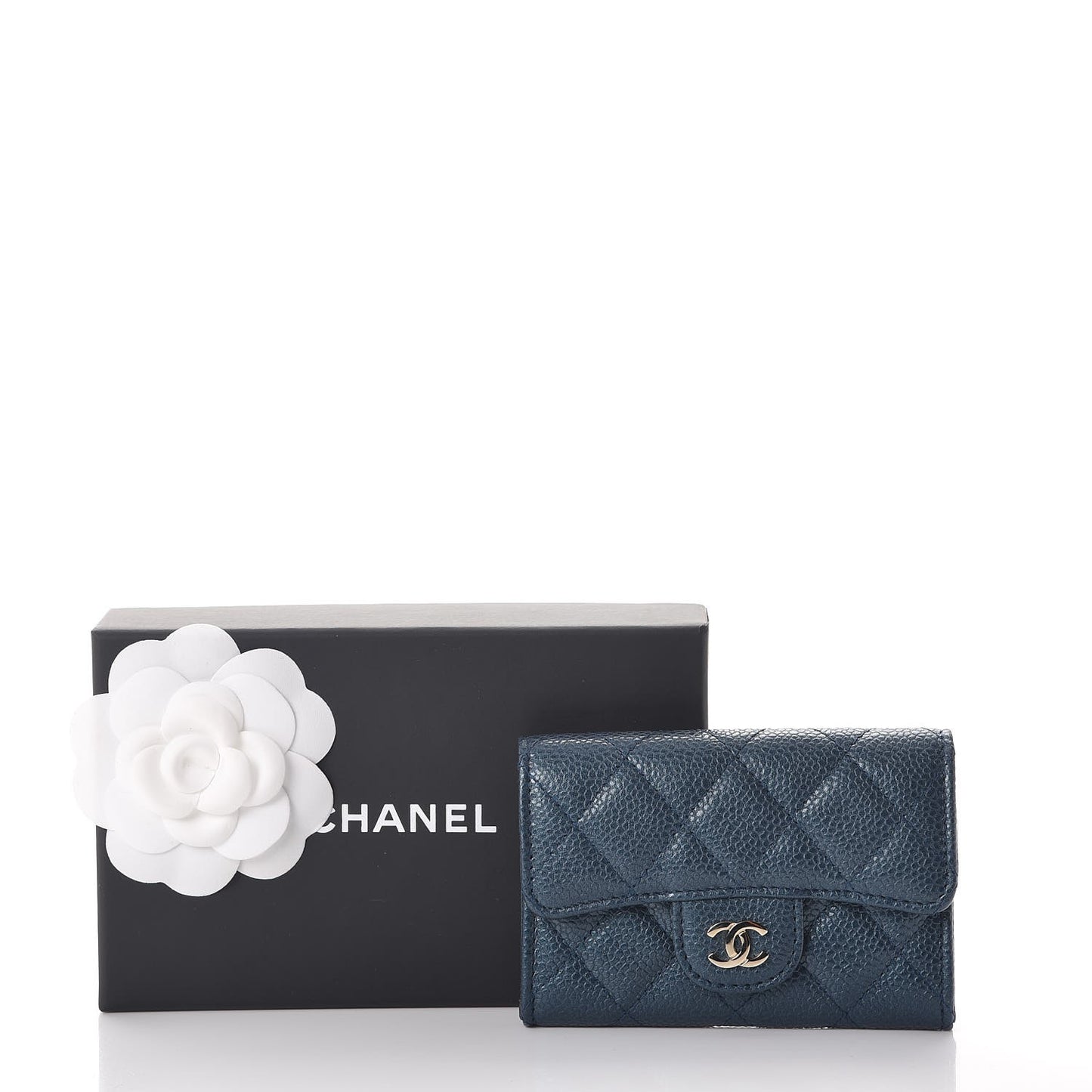 Metallic Caviar Quilted Flap Card Holder Dark Blue