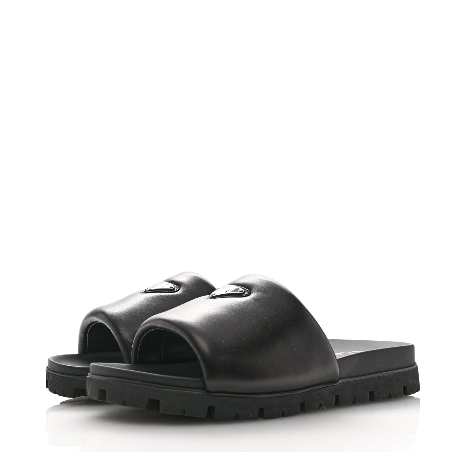 Nappa Soft Padded Metal Triangle Logo Mens Slide Sandals 10 Black