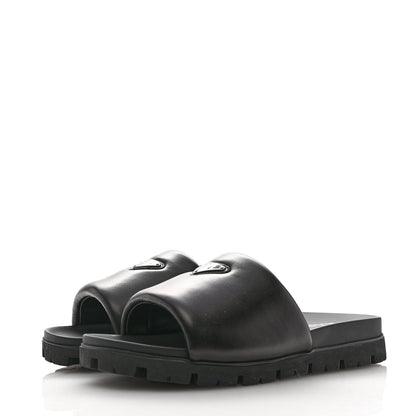 Prada Nappa Soft Padded Metal Triangle Logo Mens Slide Sandals 10 Black 4 of 9