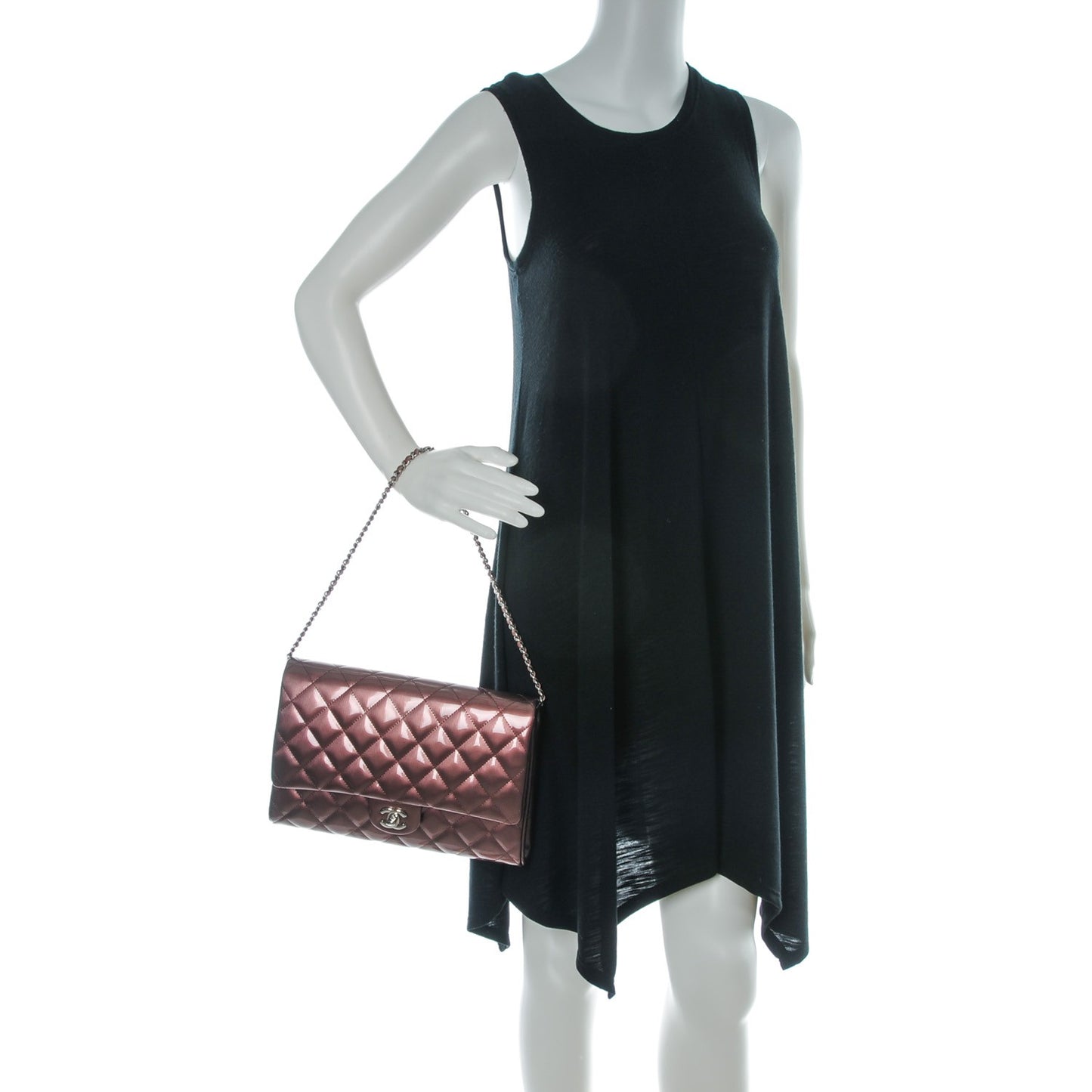 Striated Patent Quilted Clutch With Chain Flap Dark Pink