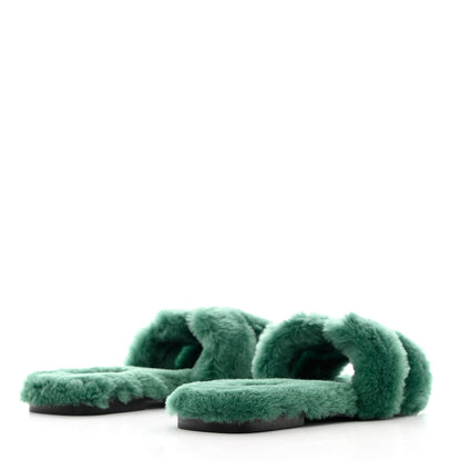 Hermes Woolskin Oran Sandals 40 Vert Anglais 4 of 8