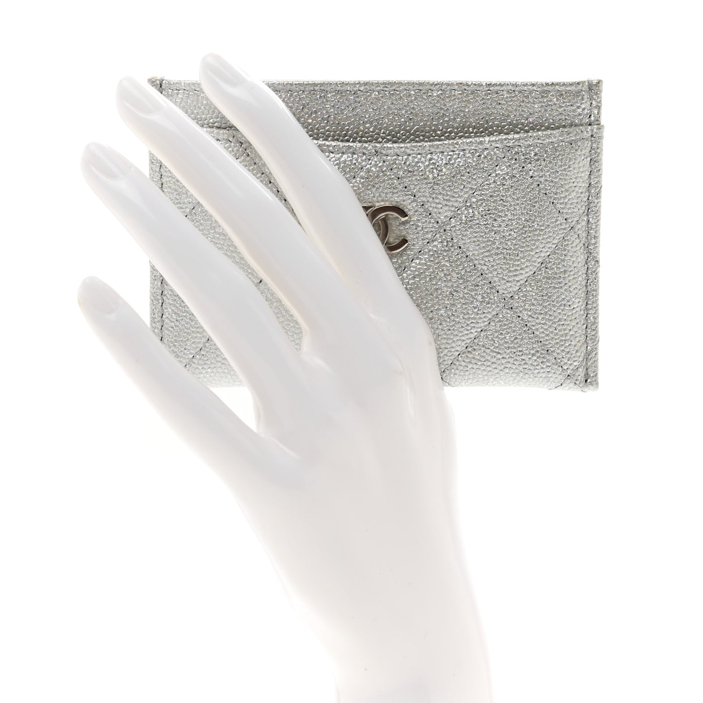 Glittered Metallic Caviar Quilted Card Holder Silver