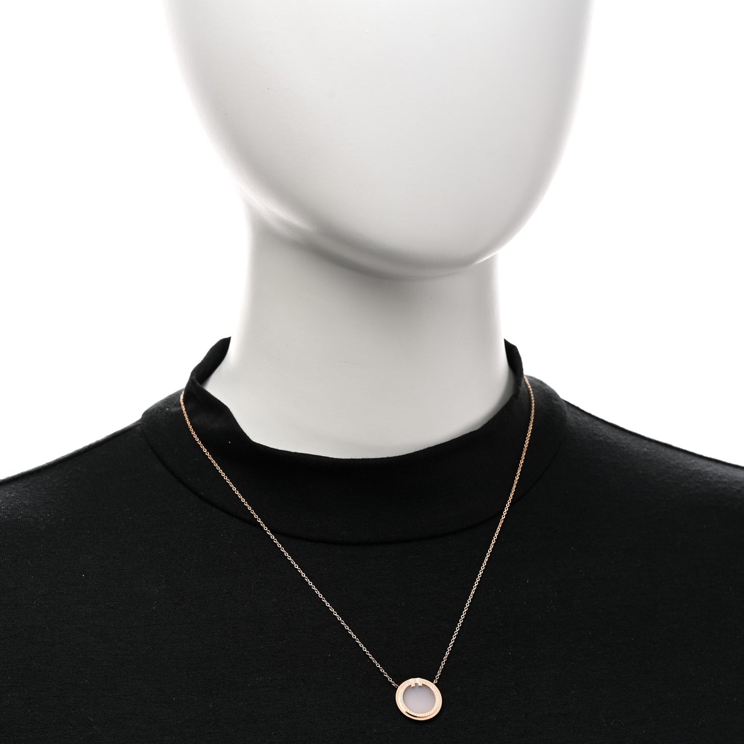 18K Rose Gold Diamond Pink Opal T Circle Pendant Necklace