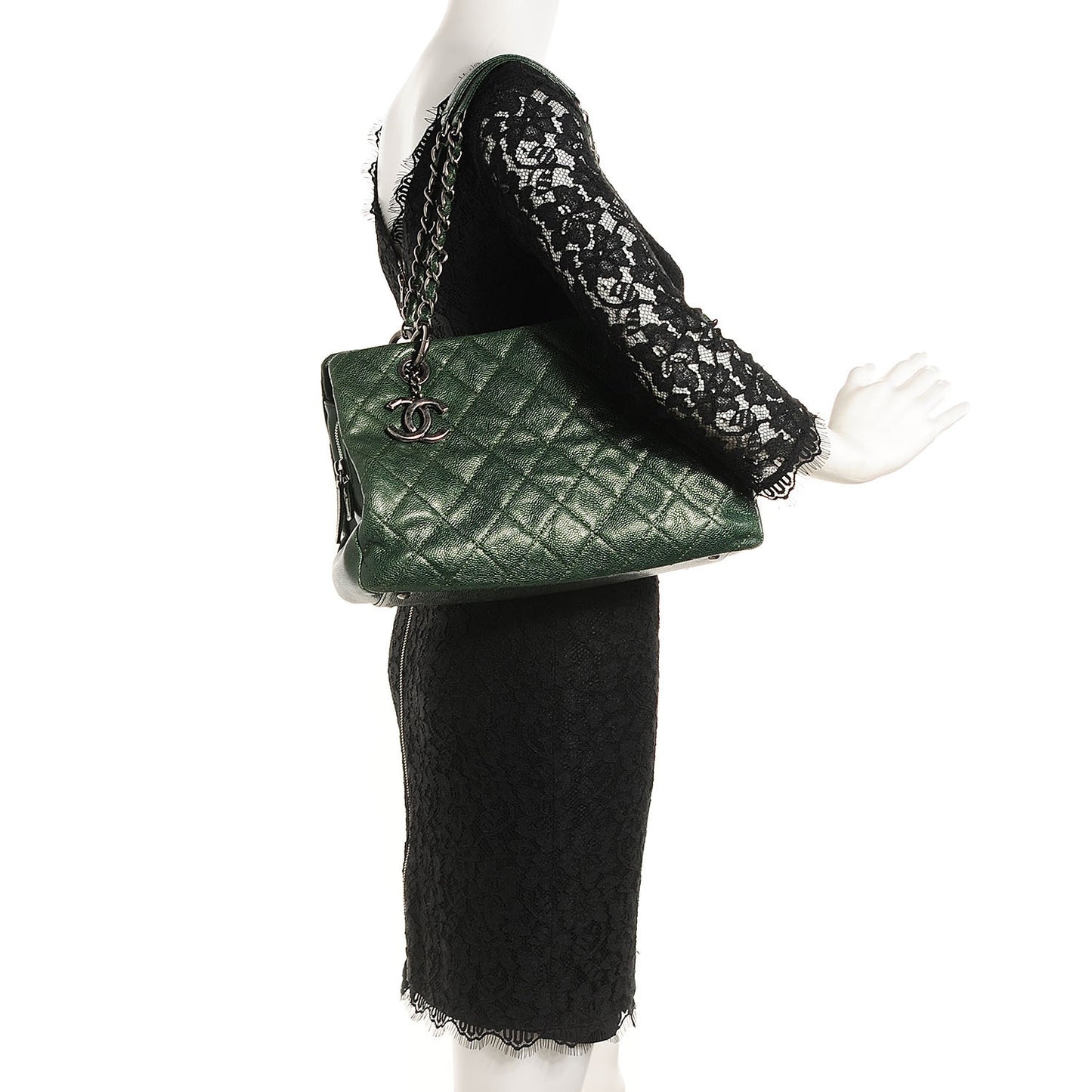 Iridescent Caviar Quilted Small Chic Tote Green