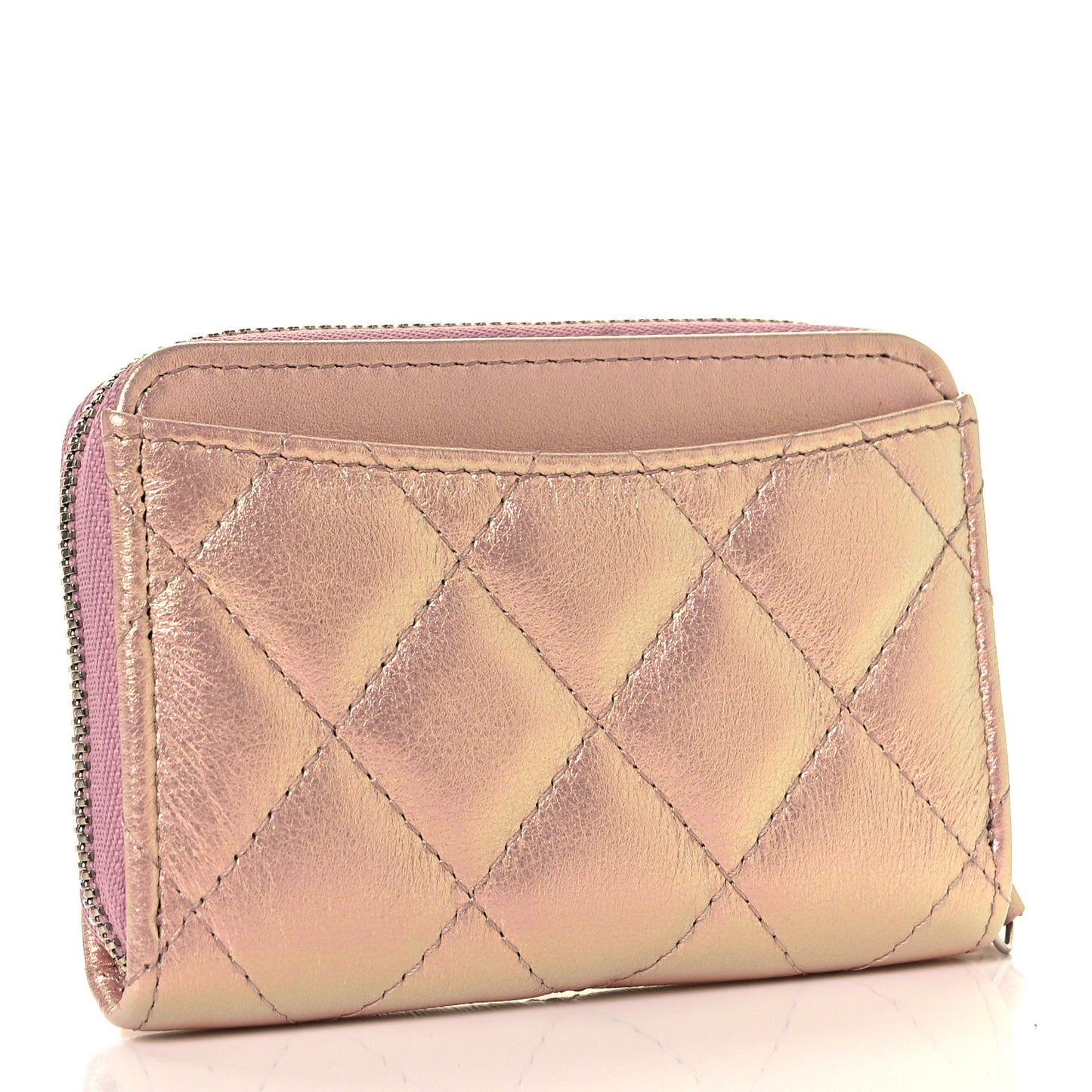 Iridescent Lambskin Quilted Zip Around Coin Purse Wallet Pink