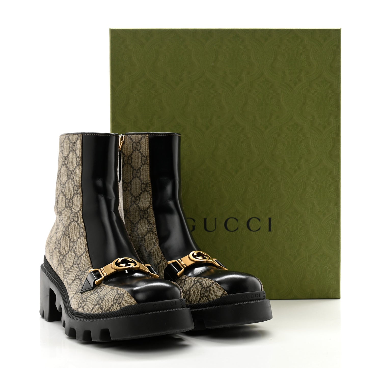 GG Supreme Monogram Magnum Calfskin Interlocking G Womens Lug Sole Ankle Boots 39.5 Beige Ebony Black