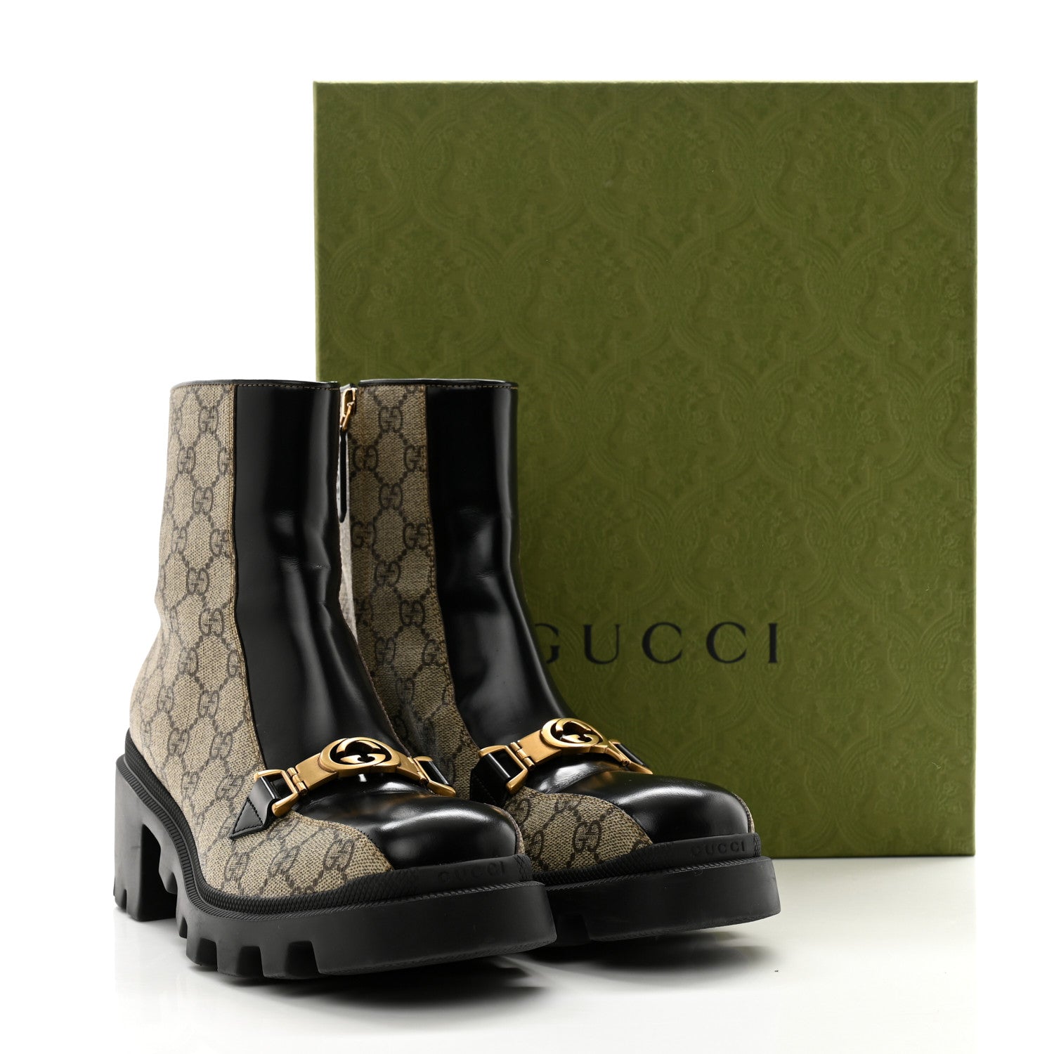 Gucci GG Supreme Monogram Magnum Calfskin Interlocking G Womens Lug Sole Ankle Boots 39.5 Beige Ebony Black 11 of 11